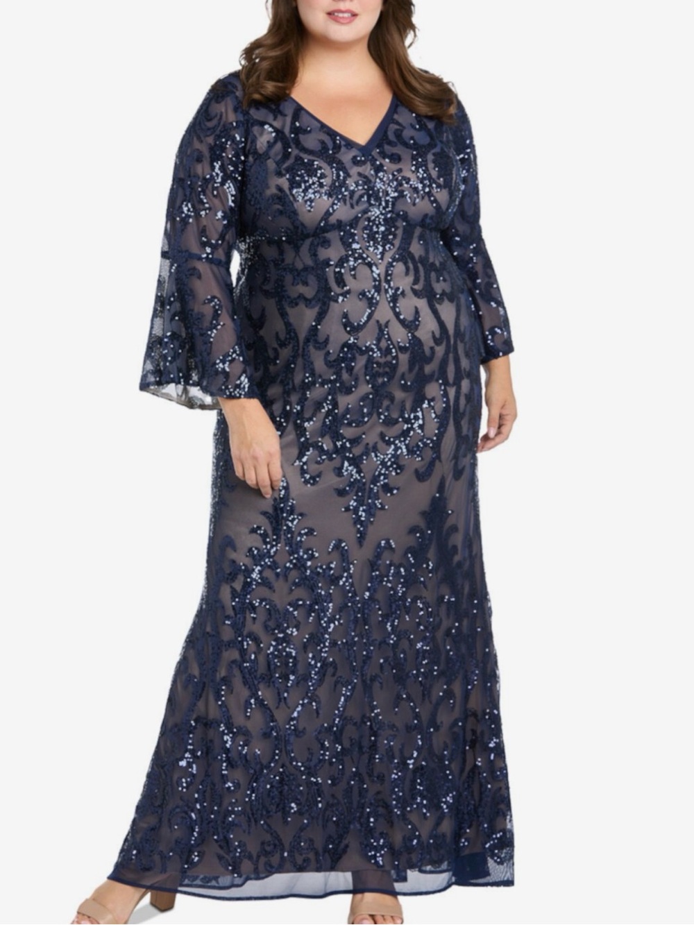 R&M Richards Formal Dress Plus Size 20W Navy Blue Sequin Bell Long Sleeve NEW